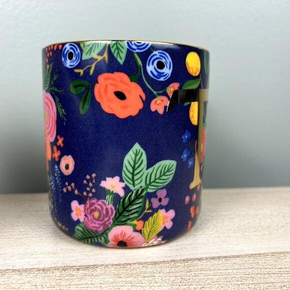 Anthropologie x Rifle Paper Co T Initial Mug Boho Floral Blue Coffee Cup Anthro - Picture 3 of 12